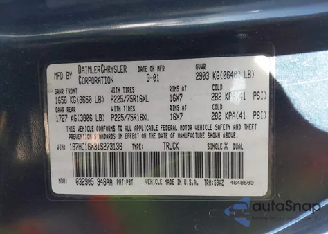 2001 Dodge Ram 1500 St/Ws from USA, damaged, VIN 1B7HC16X31S273136